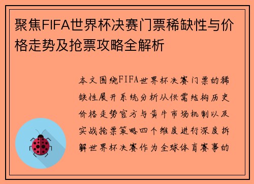 聚焦FIFA世界杯决赛门票稀缺性与价格走势及抢票攻略全解析